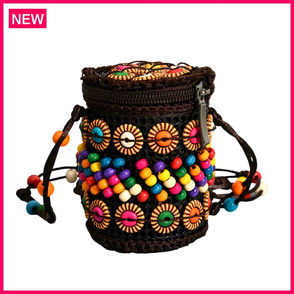 Small Crossbody Bag, Crochet Woven Cell Phone Purse with Beaded Strap